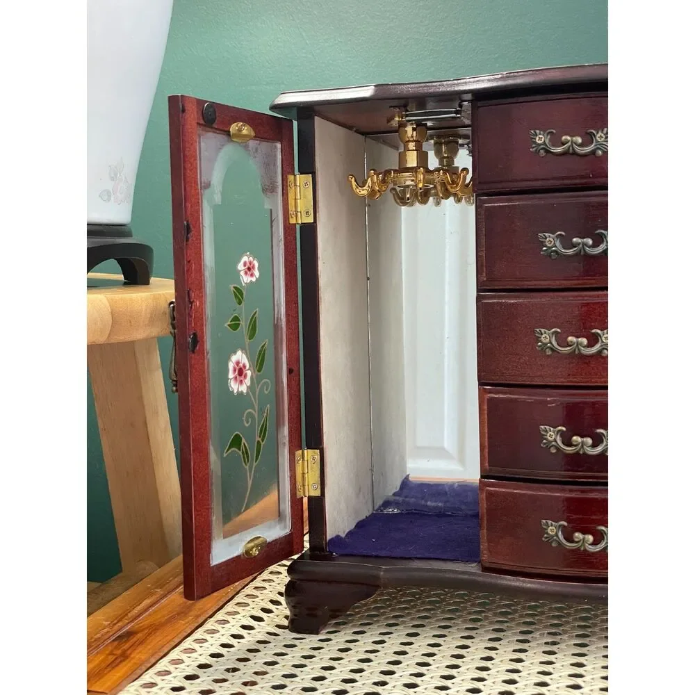 Vintage Wooden Jewelry Armoire Box with Floral Glass Doors & Necklace Carousel